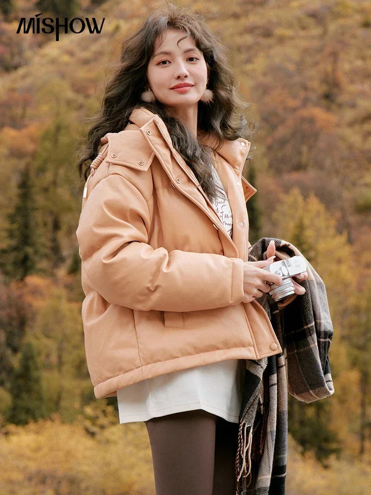 MISHOW Women's Winter Down Jacket 2023 Hooded Short White Duck Down Coats Imitation Protein Leather Puffer Jackets MXC52Y0008