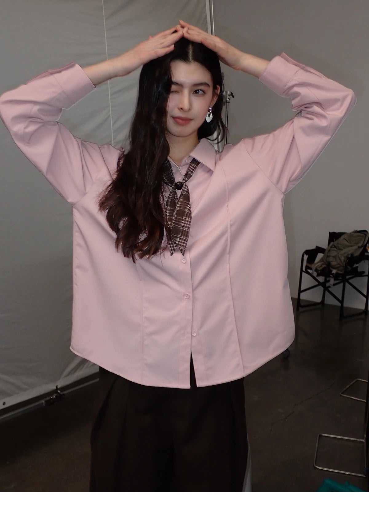 MISHOW Women's Casual Loose Shirt with Plaid Scarf 2026 Spring Lapel Tops Versatile Long Sleeve Shirts Office Lady MXF108C0815