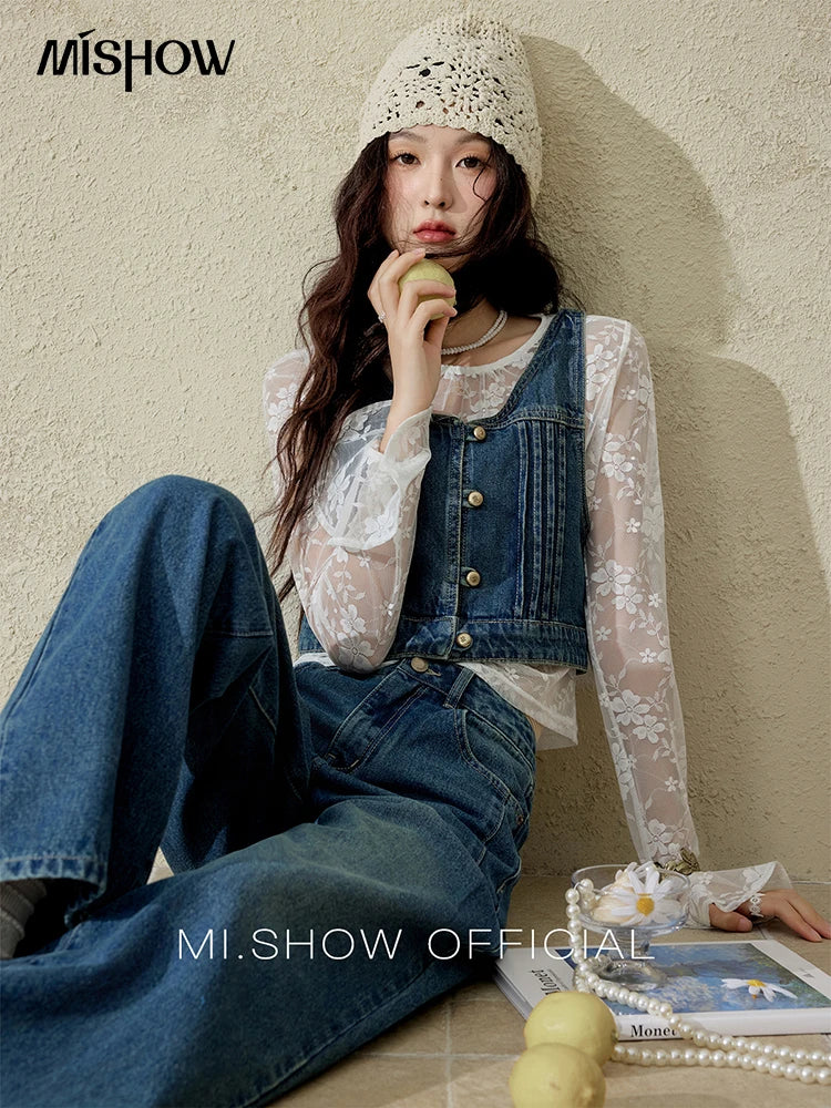 MISHOW Retro Denim Vest Coat for Women Spring Summer 2025 Deep Blue V-neck Short Versatile Outer Outfit U-neck Ccoats MXE16W0750