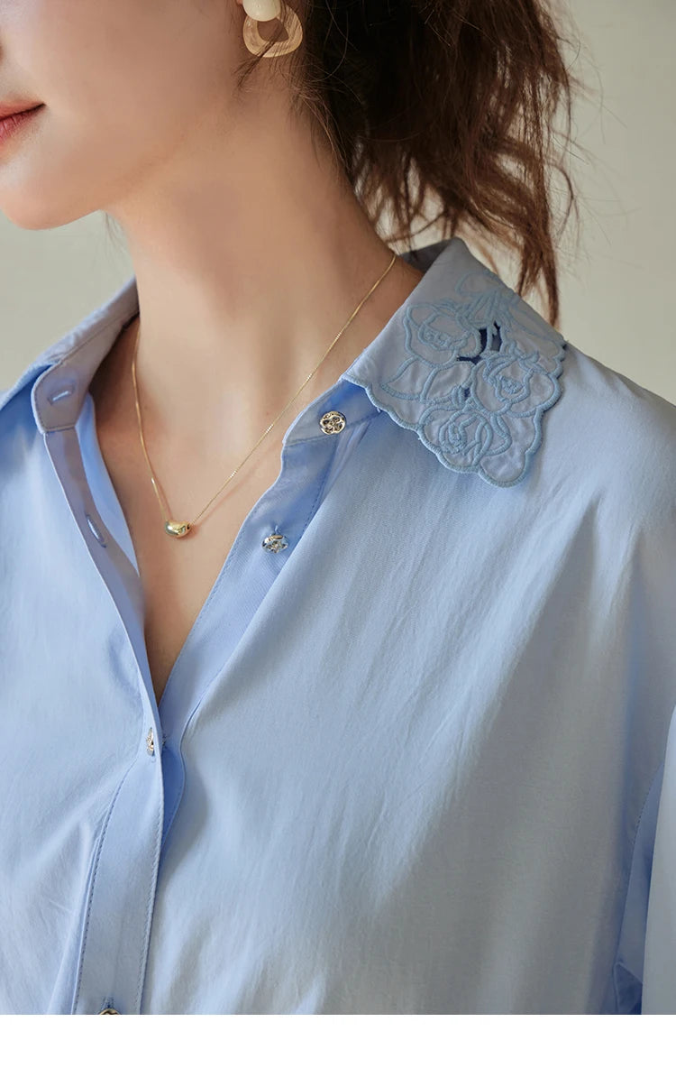 MISHOW Women's Casual Loose Shirt 2023 Autumn Turn-down Collar Embroidery Hollowed Out Single Breasted Mid Length Top MXC41C0077