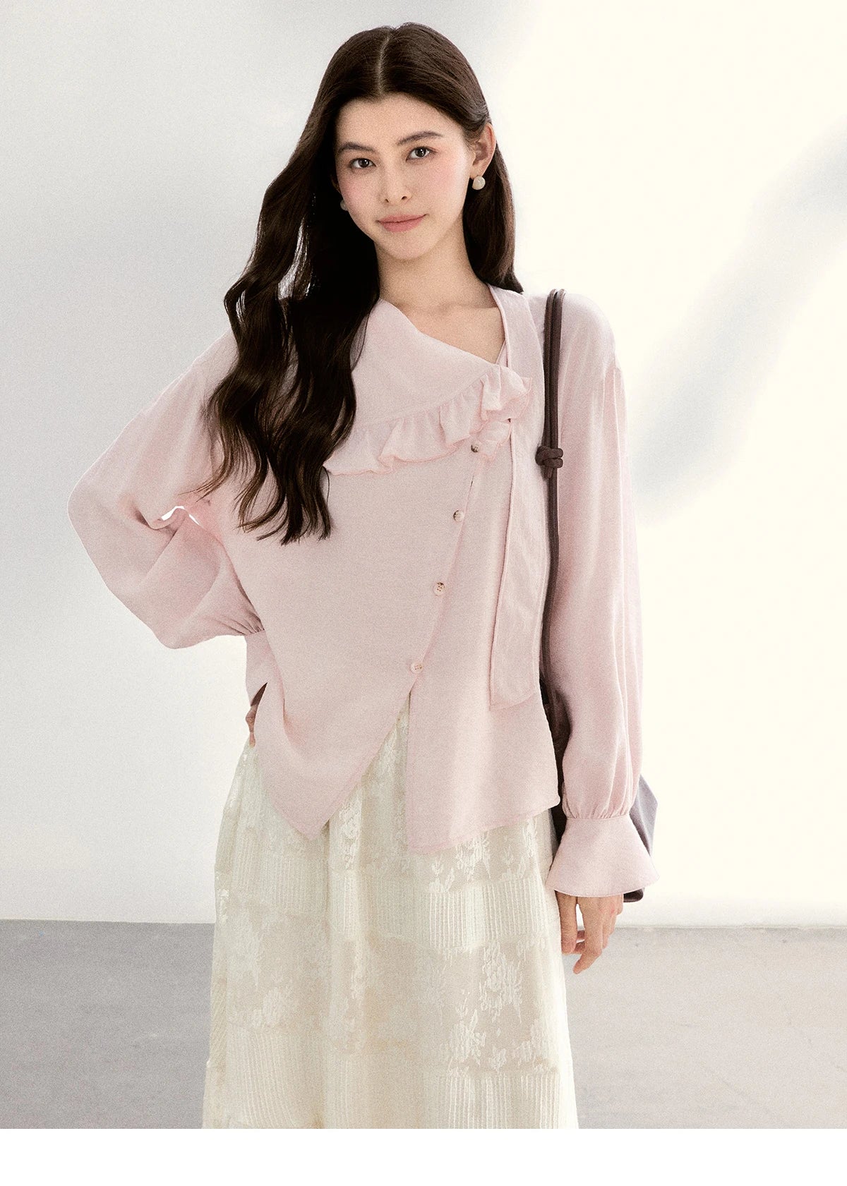 MISHOW Women's Pink Elegant Blouse 2026 Spring Asymmetrical Ruffled Collar Button Shirts Puff Sleeve Casual Loose Top MXF11X2520