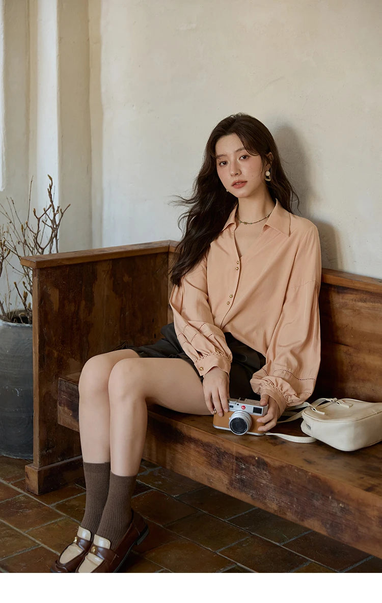 MISHOW Women's Shirt Lantern Sleeve Hollow Out Tops 2025 Autumn Single Breasted Solid Shirts Lapel Shirt Office Lady MXE41C2359