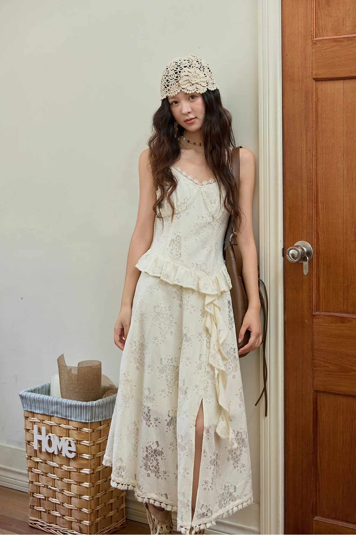 MISHOW Bohemian Apricot Lace Camisole Inner Dress Autumn Irregular Ruffle Tassel Hem Dresses Front Side Fork Dress MXE43L2449