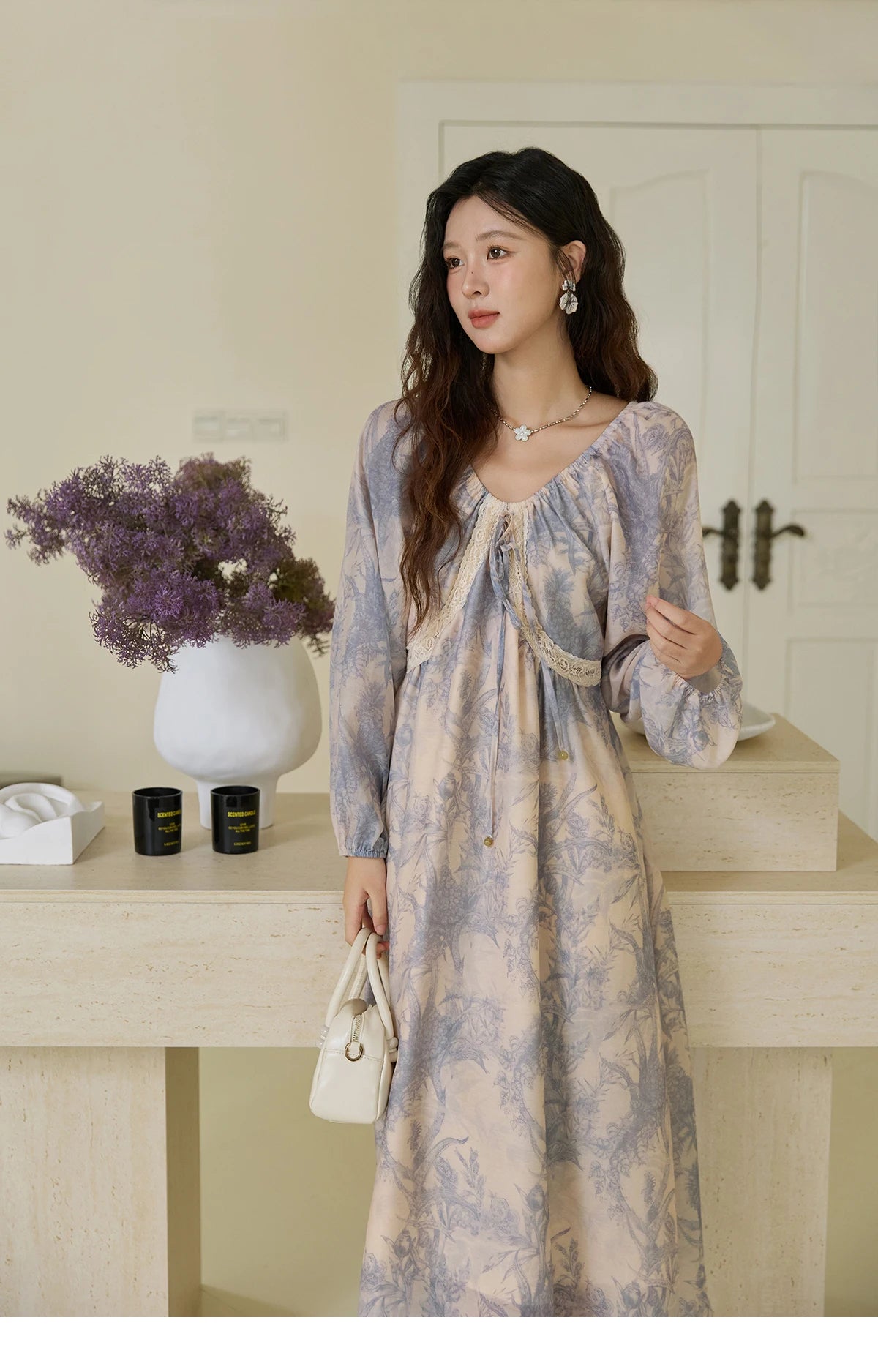 MISHOW Woman Elegant Dress 2025 Autumn Romantic Blue Floral Dress Lace Panel Drawstring A-line Long Dress Autumn MXE45L2507