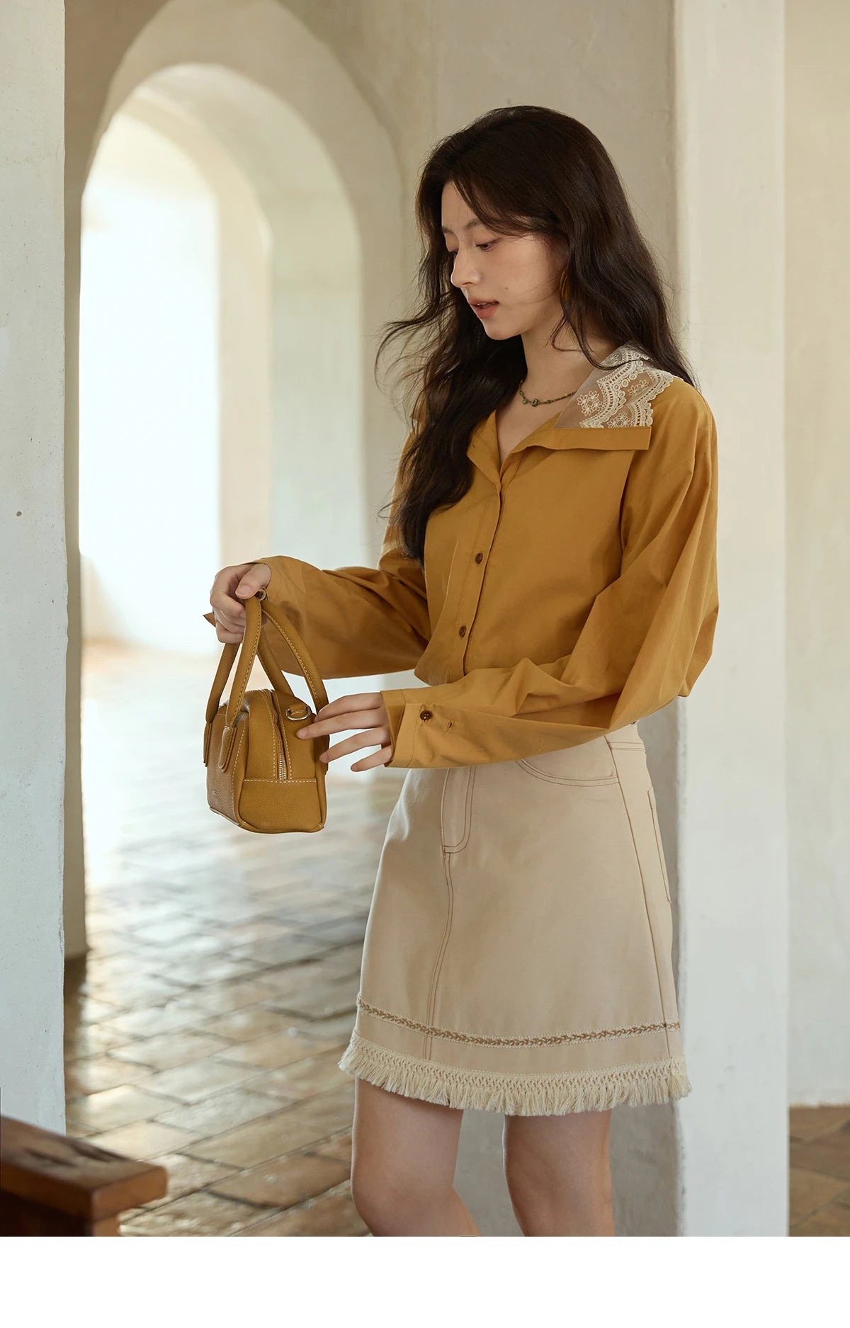 MISHOW Autumn Solid Cotton Shirt Autumn V-neck Double-layer Lace Retro Design Shirts Single Breasted Tops Office Lady MXE41C2366