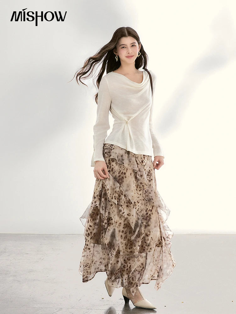 MISHOW Women's Leopard Print Maxi Skirt Spring Ruffled Chiffon Elastic Waist Skirts Casual Retro Flowy Long Skirt MXF108B0772