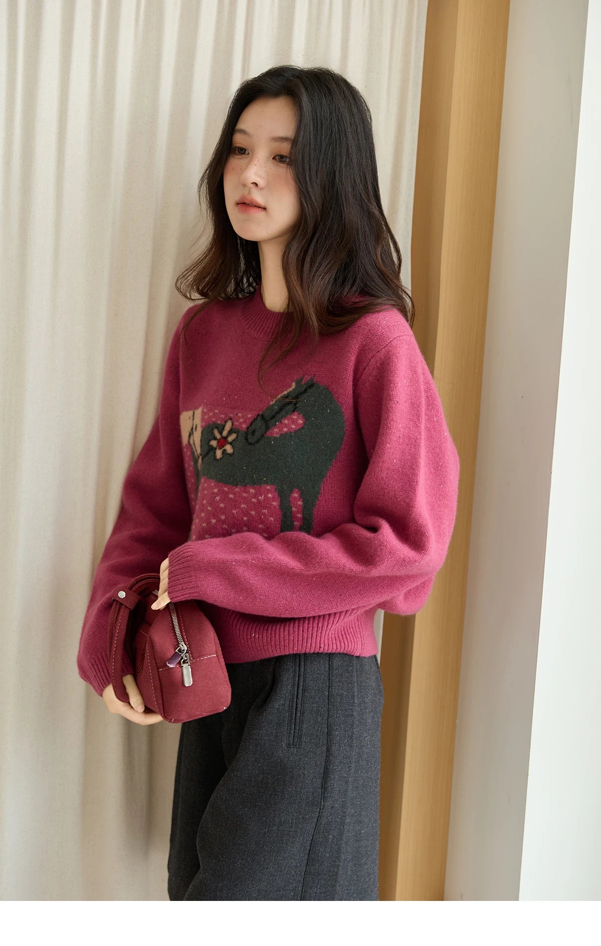 MISHOW Red Sweater Women 2025 Autumn Winter French Round Neck Pony Jacquard Loose Pullovers Long-sleeved Knitted Top MXE48Z2622