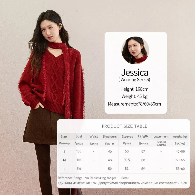 MISHOW Christmas Knitted Sweater Women 2025 Winter Burgundy V-neck Loose Tops Mink Fur Tassel with Scarf Tie Sweaters MXE93Z2809