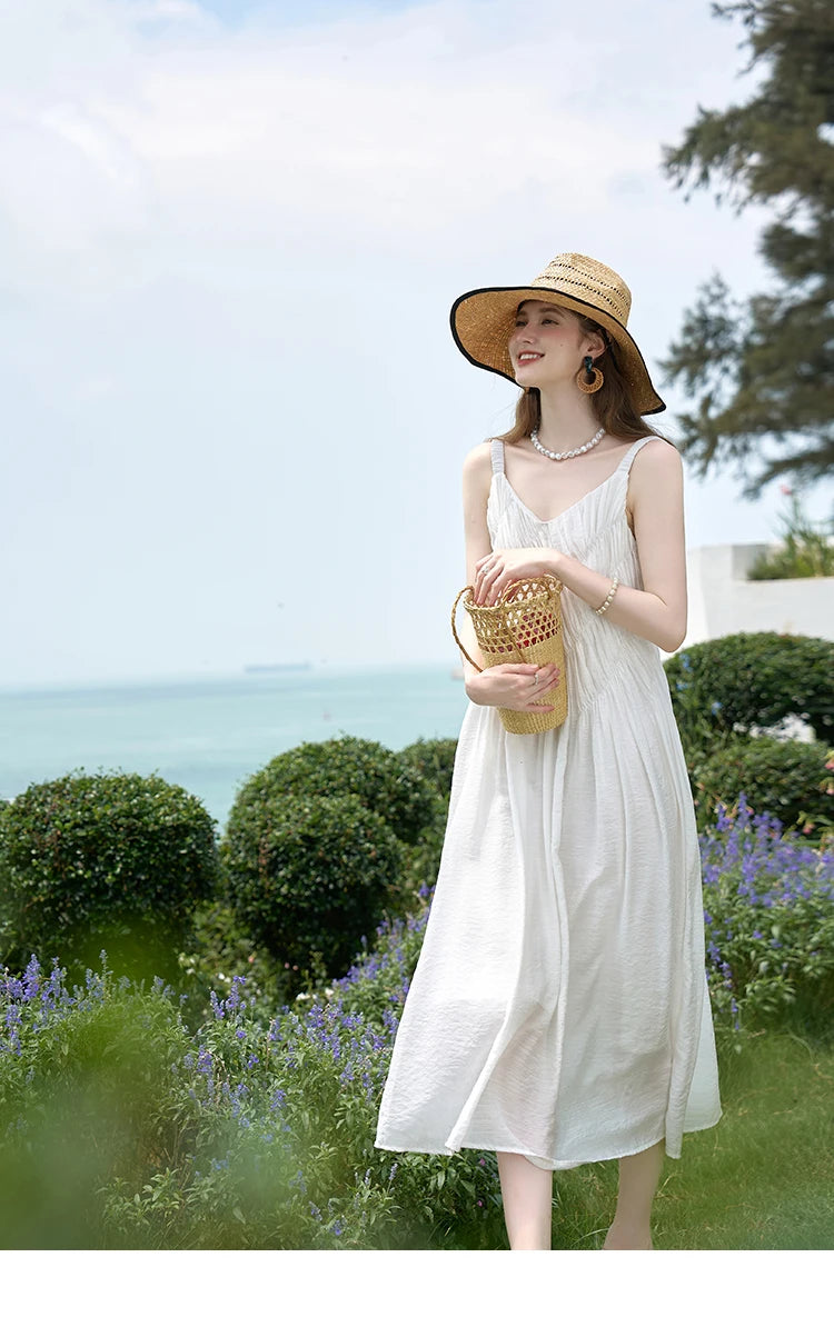 MISHOW French Retro Pleated Upper Suspender Dress for Women 2024 Summer Vacation Sleeveless Solid Mid Length Dresses MXD26L1939