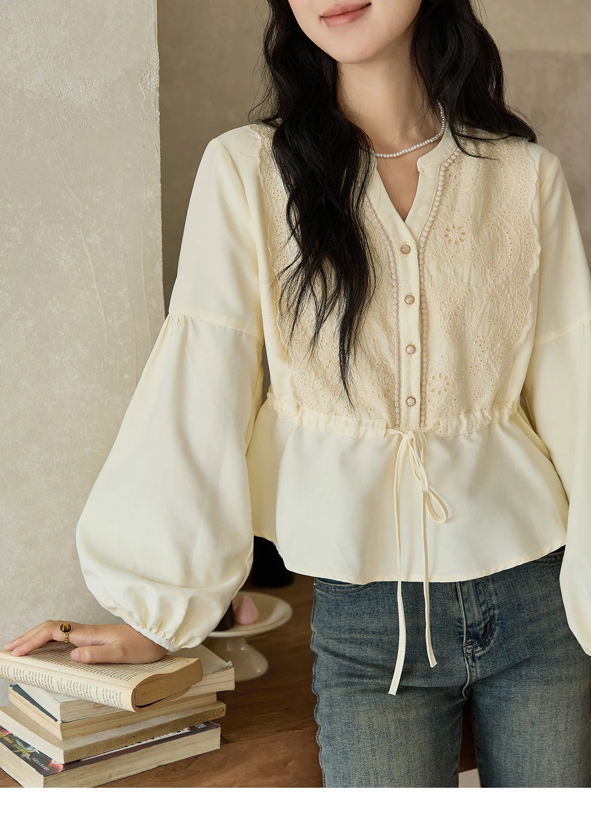 MISHOW Women's French V-neck Blouse Lace Lantern Sleeve Long-sleeved Blouses 2024 Fall Tie Drawstring Waist Slim Tops MXD45X1660