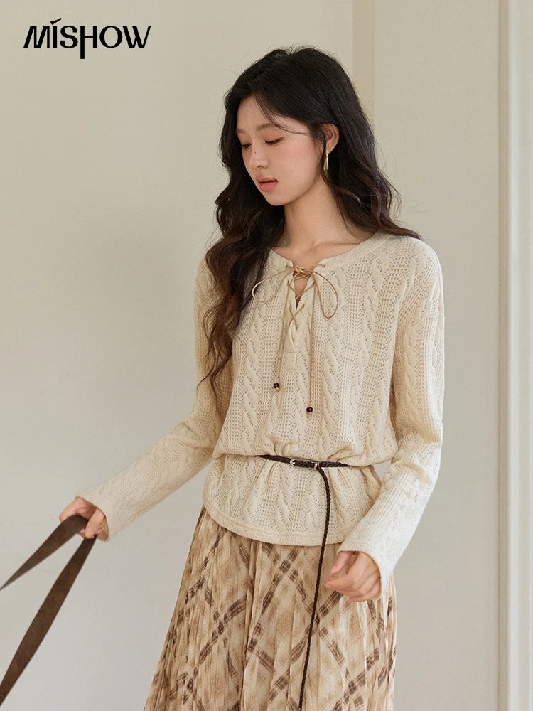 MISHOW Women's Beige Apricot Knitted Sweater 2026 Spring V-Neck Lace-Up Cable Knit Casual Loose Top Excluding Belt MXF108Z1029