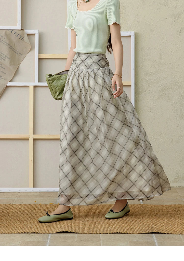 MISHOW Apricot Green Retro Plaid Skirt for Women Summer 2025 Pleated Chiffon High Waist Elegant Slim A-line Skirts MXE35B0747