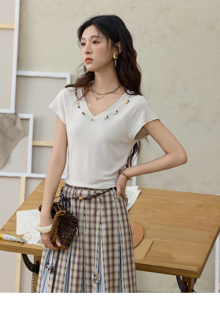 MISHOW Retro Plaid Patchwork Pleats Skirt Summer 2025 Versatile Flowers Slim Skirt A-LINE Skirts Excluding Waist Belt MXE35B0726