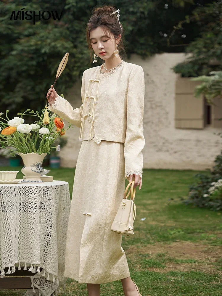 MISHOW Chinese Lace Edge Jacket Midi Skirts Separately Spring 2025 Elegant Top Irregular Jacquard Front Split Skirts MXD15W0370