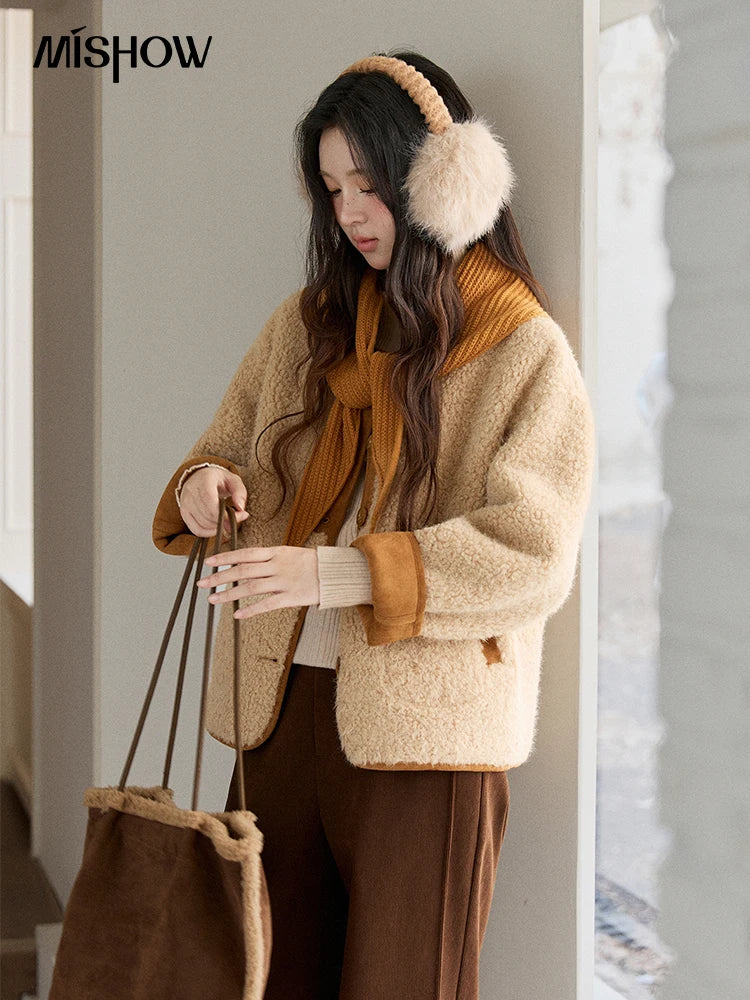 MISHOW Lamb Wool Jacket with Color Blocking Knitted Shawl for Women Winter 2025 Warm Thickened Fur One-piece Coats MXE91W0969