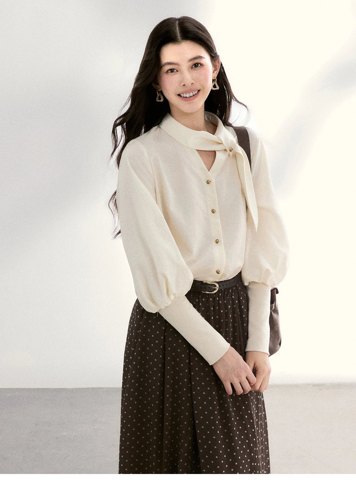 MISHOW Women's Tie Neck Shirts Spring Hollow-out Knitted Patchwork Puff Sleeve Tops Casual Elegant Shirt Office Lady MXF108C0812