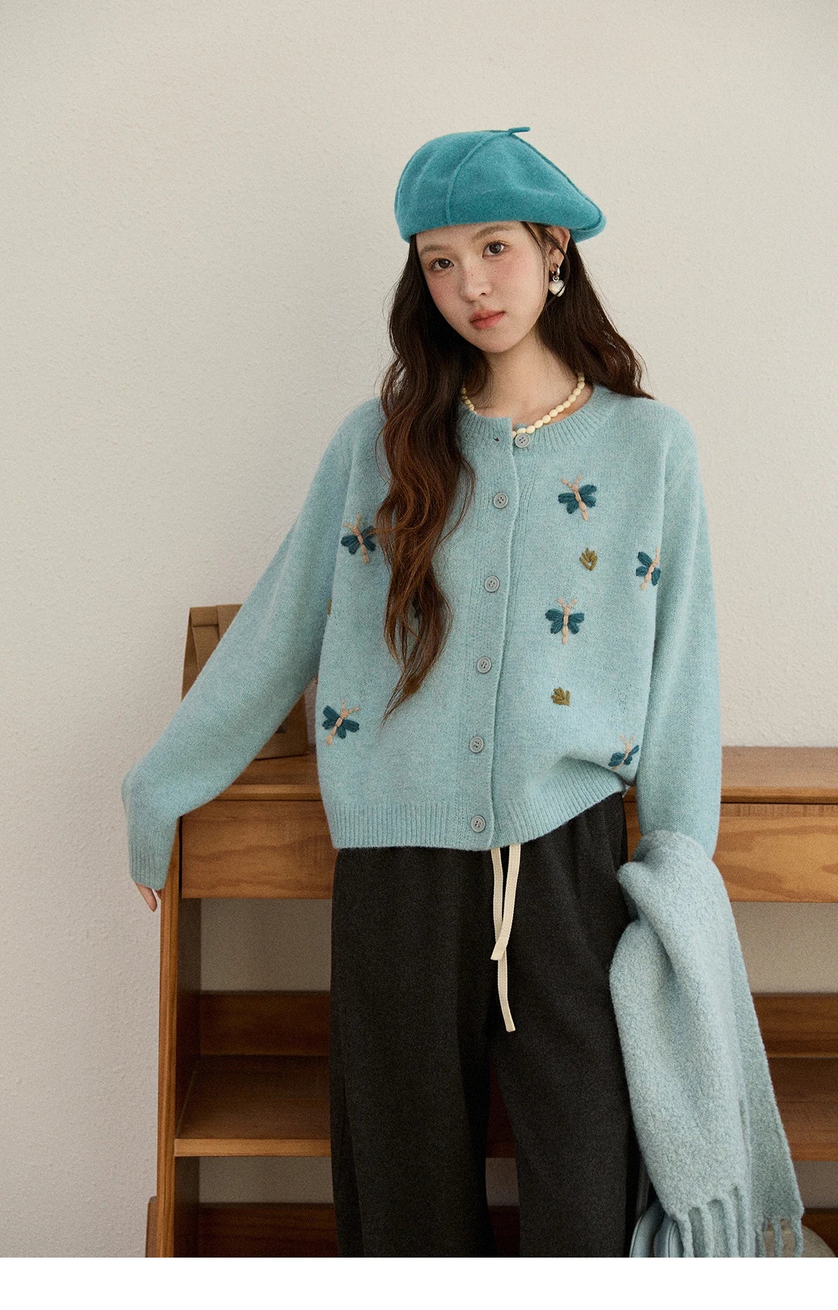 Mishow Blue Butterfly Embroidered O-Neck Cardigan MXE90Z2818