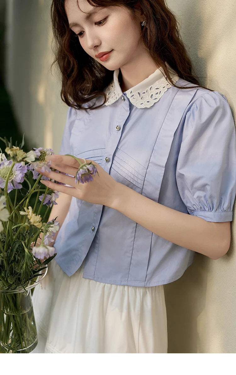 MISHOW Women's Summer Button Up Shirt Puff Sleeve Blouse Lace Lapel French Retro Contrast Top Korean Popular Clothes MXD26X1451
