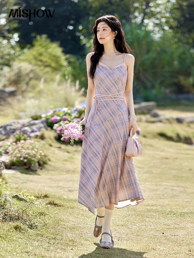 MISHOW Plaid Strap Dress for Women Spring 2025 French V-neck Sleeveless Dress Slim Lace-up Waist Camisole Dresses MXE11L2088