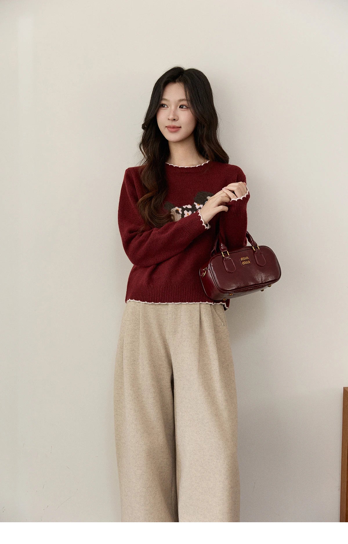 MISHOW Women's Burgundy Knitted Sweater 2025 Winter Poodle Pattern Ruffled Trim Crew Neck Sweater Warm Pullover Tops MXE93Z2949