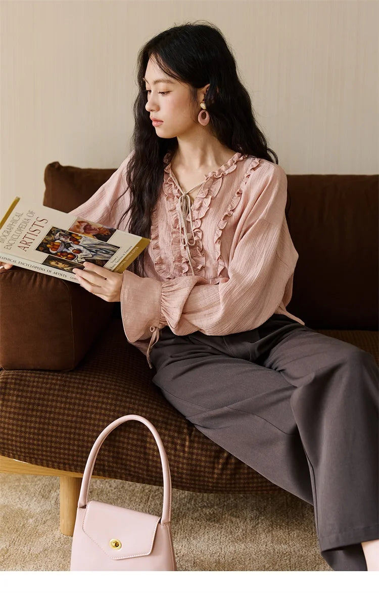 MISHOW Women's Pink Blouse 2025 Autumn Elegant Fold Edge V-collar Bubble Sleeve Top Loose Casual Commute  Blouses MXE45X2485