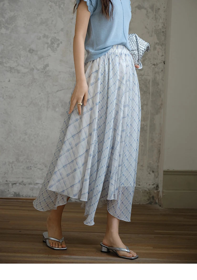 MISHOW Patchwork Plaid Chiffon Half Skirt for Women 2025 Summer Fashion Irregular Wave Edge High Waist A-line Skirt MXE34B0739