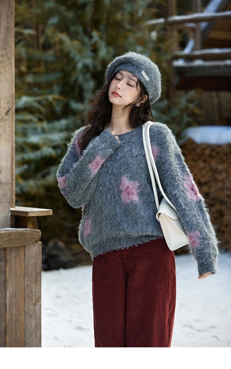 MISHOW Wool Yarn Plush Fur Flower O-Neck Pullover Knitted Sweater Women Clothes Warm Versatile Long-sleeved Tops MXD56Z1001