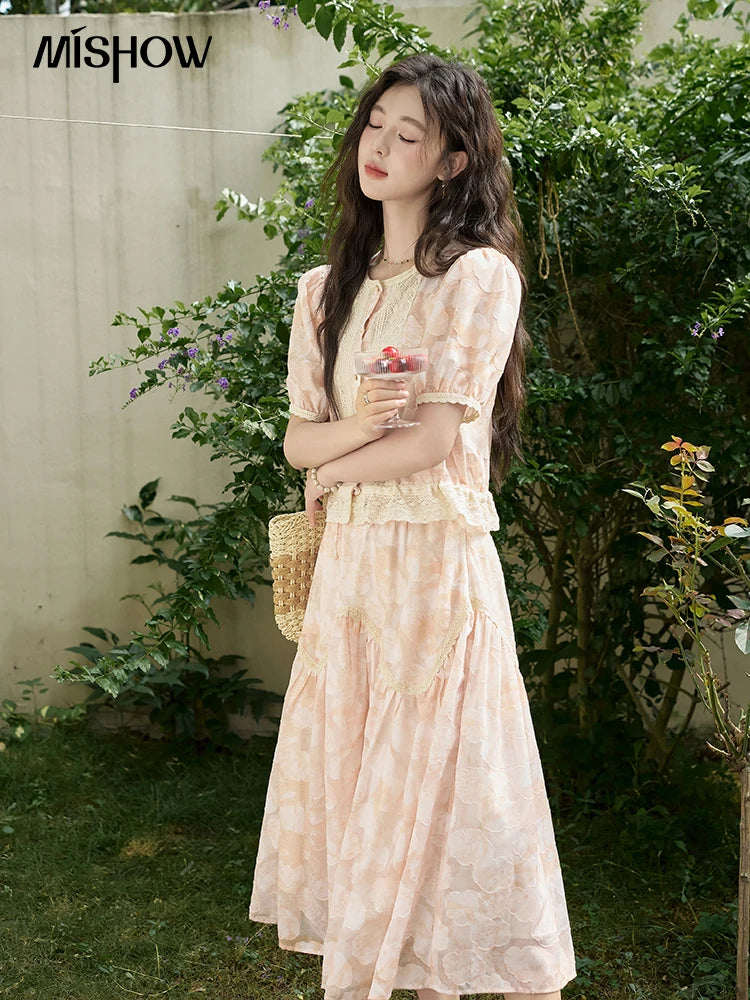 MISHOW French Embroidered Lace Bubble Sleeve Top & Elastic Waist Skirt Set MXD23X1428