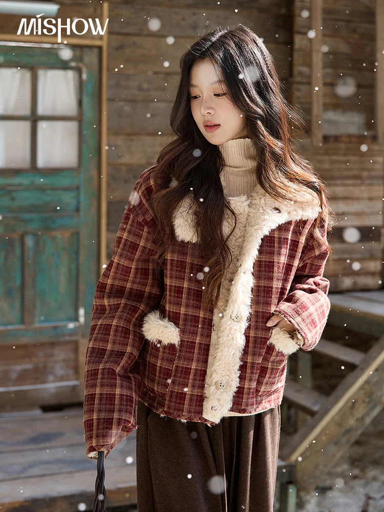 MISHOW Christmas Women's Reversible Retro Red Plaid Lamb Wool Coat 2025 Winter Loose Warm Fur-Lined Lapel Outerwear MXE93W1009