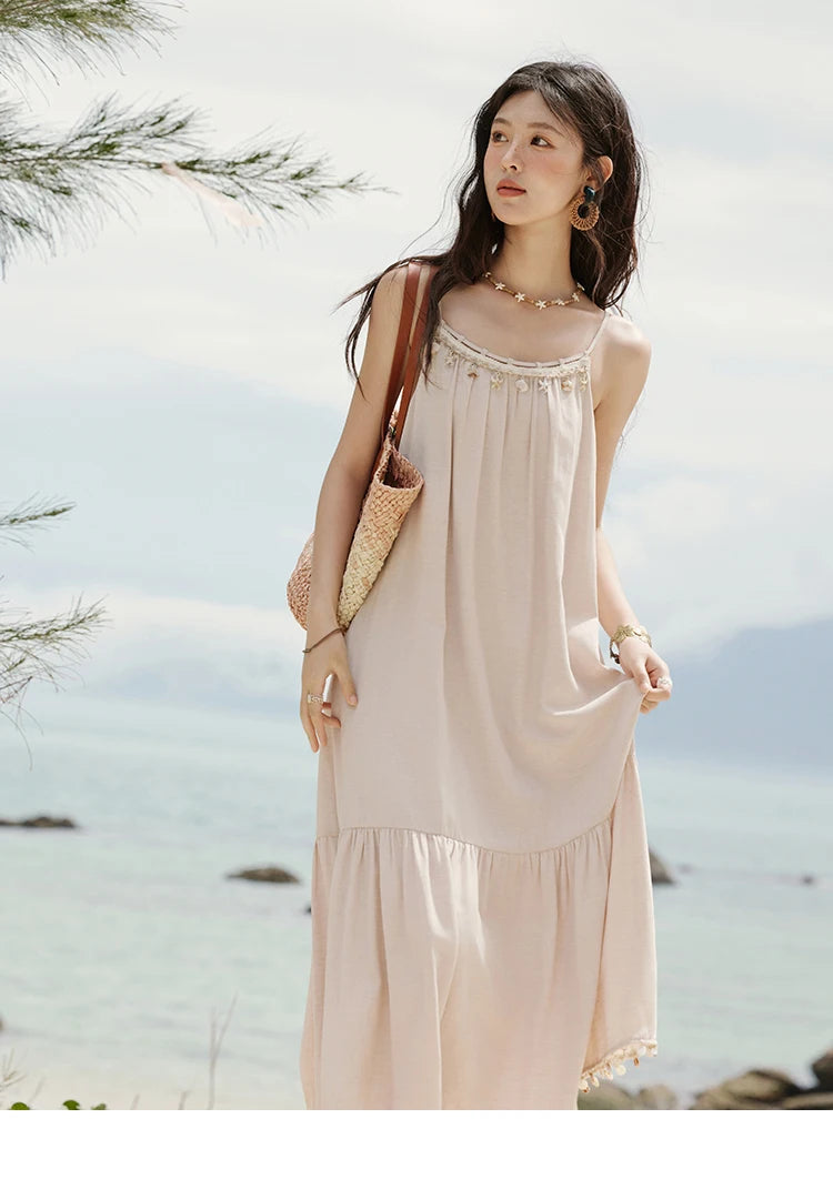 MISHOW Lotus Pink Camisole Dress for Women Summer 2025 Sleeveless Solid Shell Ribbon Dresses Female Fashion Shirring MXE33L2156