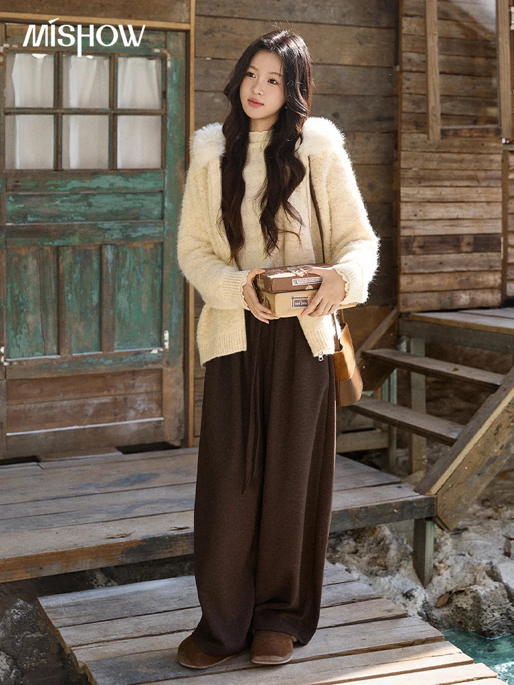 MISHOW Women's Beige White Cardigan Winter Fur Hood Zipper Warm Loose Outerwear Towel Embroidered Knitted Cardigan MXE94Z2963