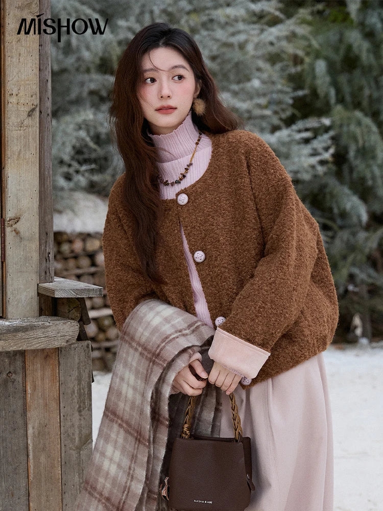 MISHOW Women's Brown Jacket 2025 Winter Retro Warm Round Neck Wool Quilted Coat Commute Short Loose Thick Coat Woman MXE87W0935