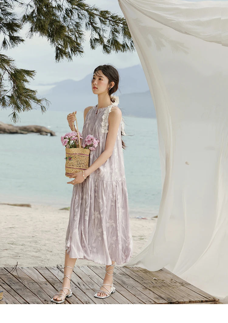 MISHOW Purple Print Chiffon Holiday Dress Women 2025 Summer Sleeveless Stand Collar Slim Dresses Woman New Fashion MXE32L2163