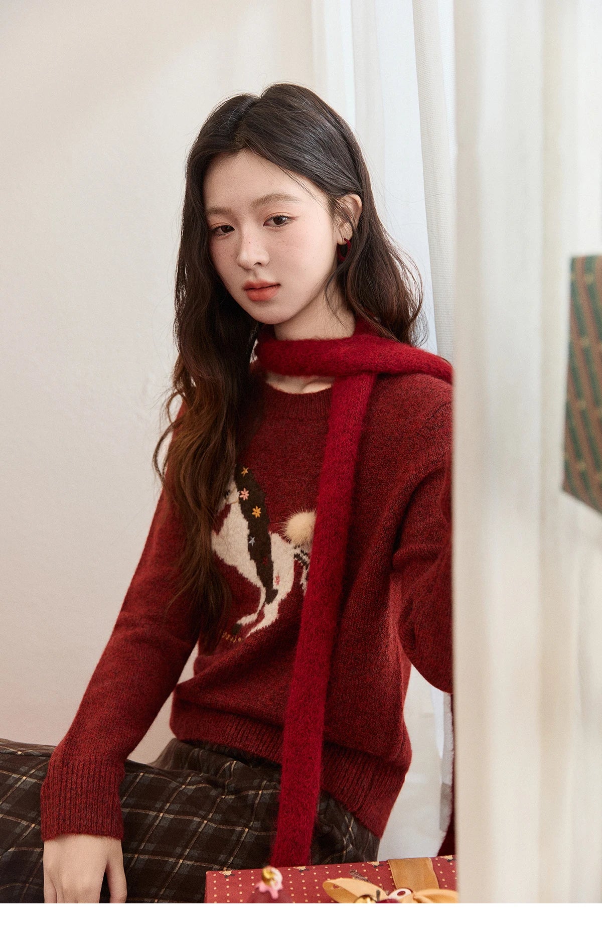 MISHOW Women's Christmas Red Jacquard Embroidered Pony Sweater 2025 Winter Thick Knitted Tops (Scarf Not Included) MXE94Z2861