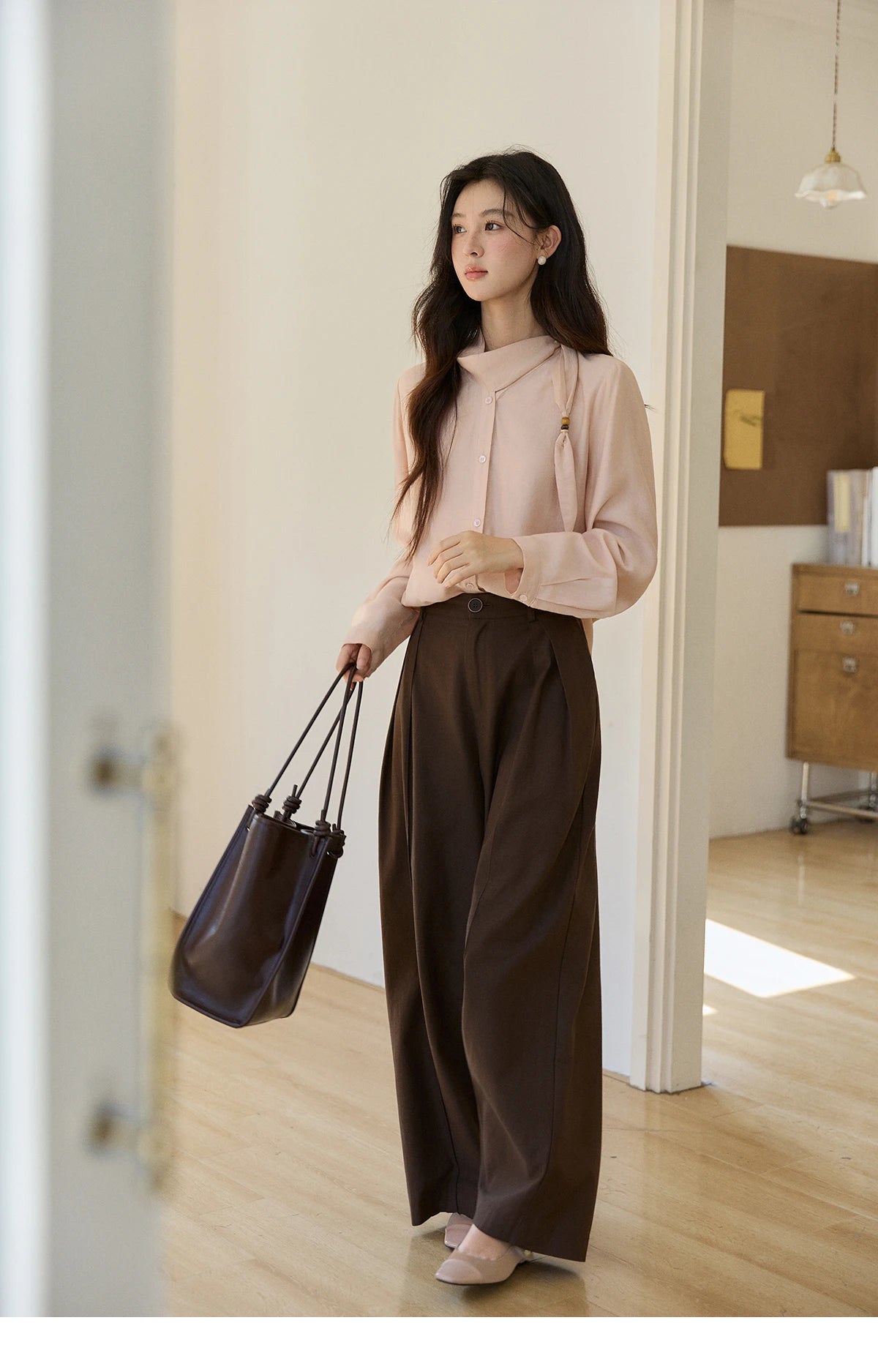 MISHOW Women's Nude Pink Shirt Spring Versatile Ribbon Stand Neck Shirts Button-Down Casual Commute Long Sleeve Top MXE11X2547