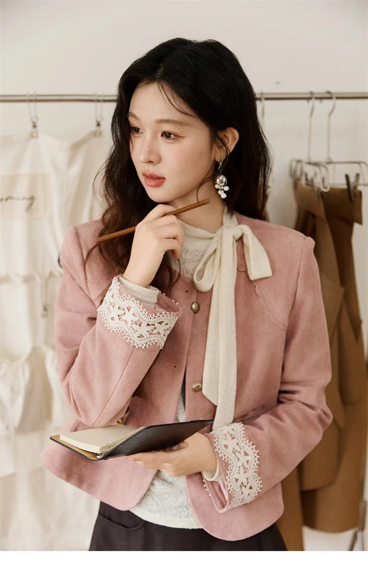MISHOW Fragrant Suede Jacket for Women Autumn 2025 Cuffs Hollowed Out Lace Short Coats O-neck Metal Button Jackets MXE46W0839