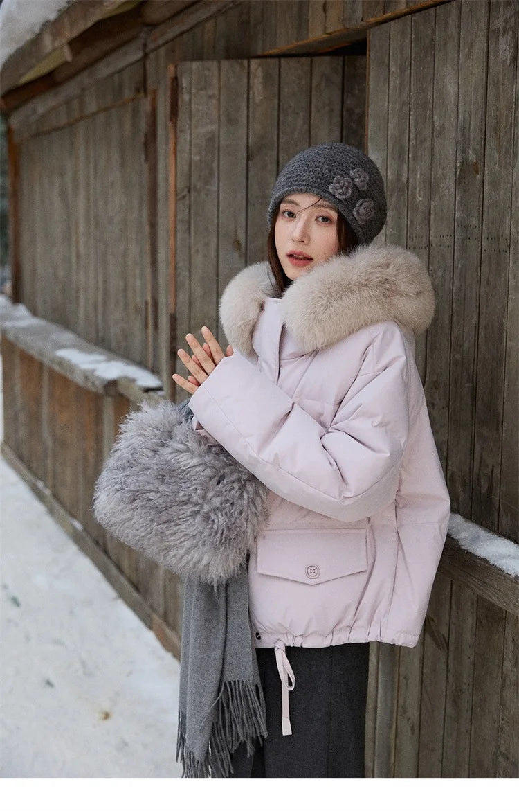 MISHOW Short Lightweight Puffer for Women 2025 Fashion Loose Long-sleeved Down Jacket Detachable Fur Collar Warm Coat MXE87Y0084