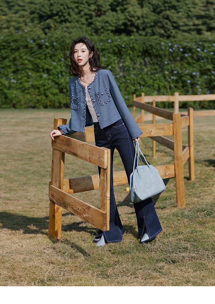 MISHOW Retro Fragrant Style Jacket for Women Spring 2025 Shoulder Pads Coarse Tweed Splicing Ribbon Blue Suit Coats MXE13W0705