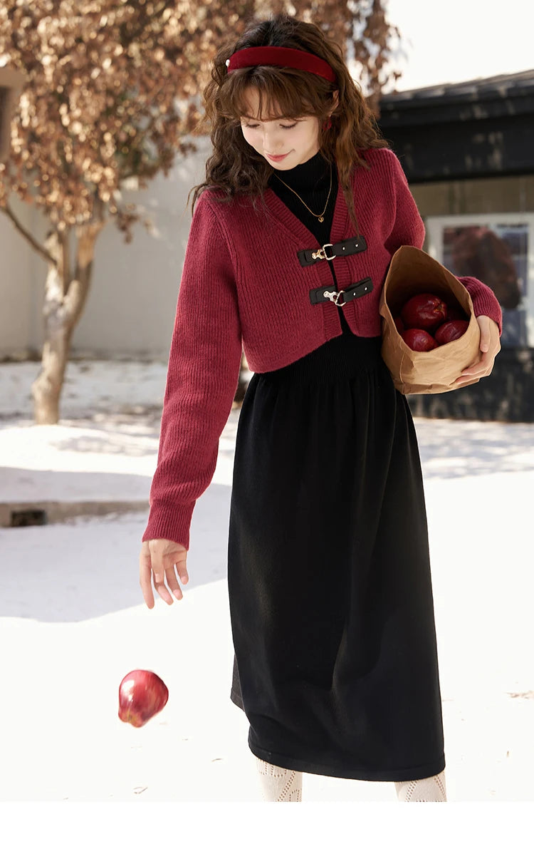 MISHOW Knitted Dress Solid Cardigan Separately Women Winter V Neck Sweater Midi A-line High Waist Dress Short Tops MXC59L1646