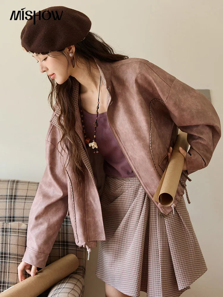 MISHOW Women's Dyed Leather Jackets 2025 Autumn Short Contrasting Plaid Lapel Jacket Fashion Loose Bow Pockets Coat MXE44W0818