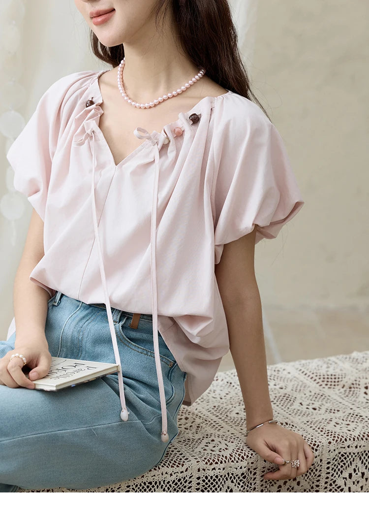 MISHOW Solid French Summer Blouses Woman 2025 New Short Puff Sleeve V-neck Beaded Retro Shirts Women Fashion Tops MXE33X1757