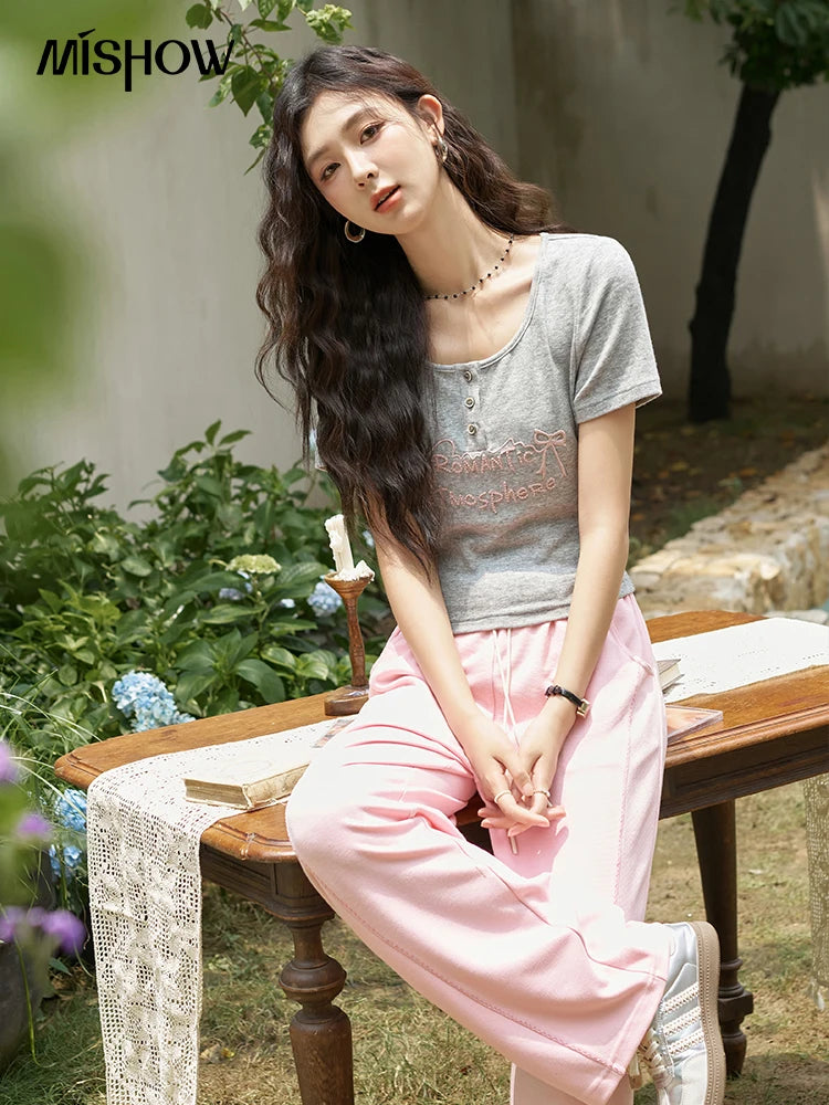 MISHOW Waffle Texture Fabric Loose Versatile Pants Summer Pocket Embroidered Elastic Waist Drawstring Casual Trouser MXD14K0608