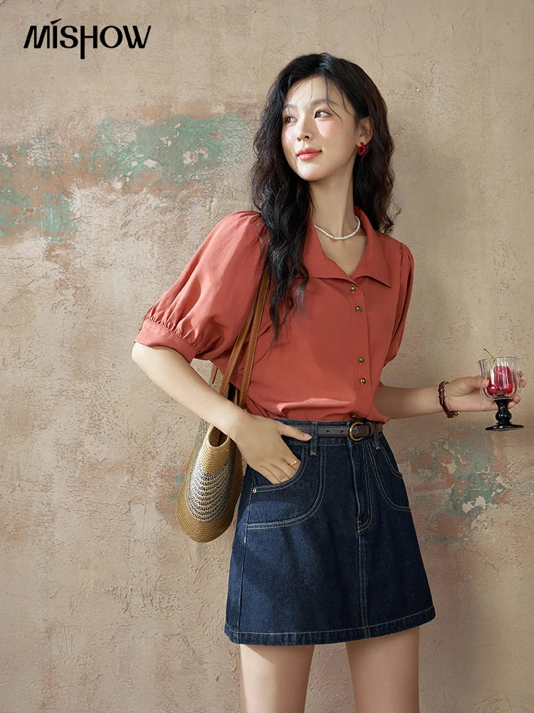 MISHOW Women's Short Sleeve Shirt Summer Thin Casual Simple Loose Elegant Blouses for Women 2024 Fashion Lapel Tops MXD28C0247