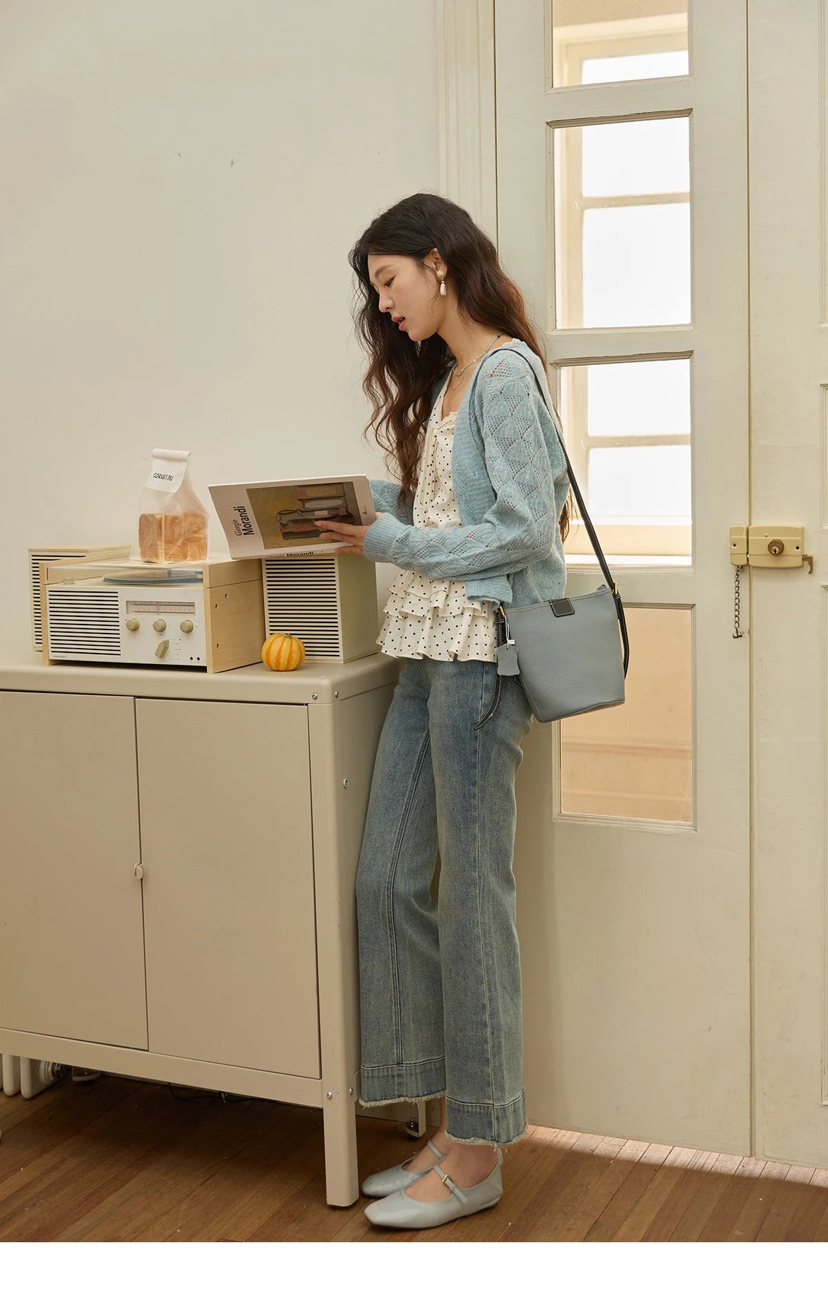 MISHOW Women's Blue Argyle Knitted Cardigan 2025 Autumn V Neck Drop Dropped Sleeve Cardigan Hollow Out Wool Blend Top MXE41Z1313