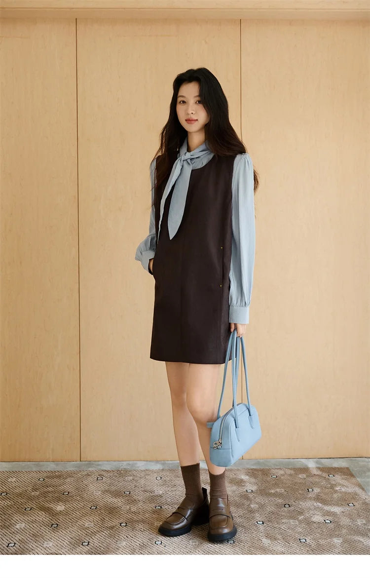 MISHOW Woman Two-piece Set 2025 Autumn College Style Light Blue Shirt Dark Brown Vest Skirt Suit Woman Clothes MXE47T1408
