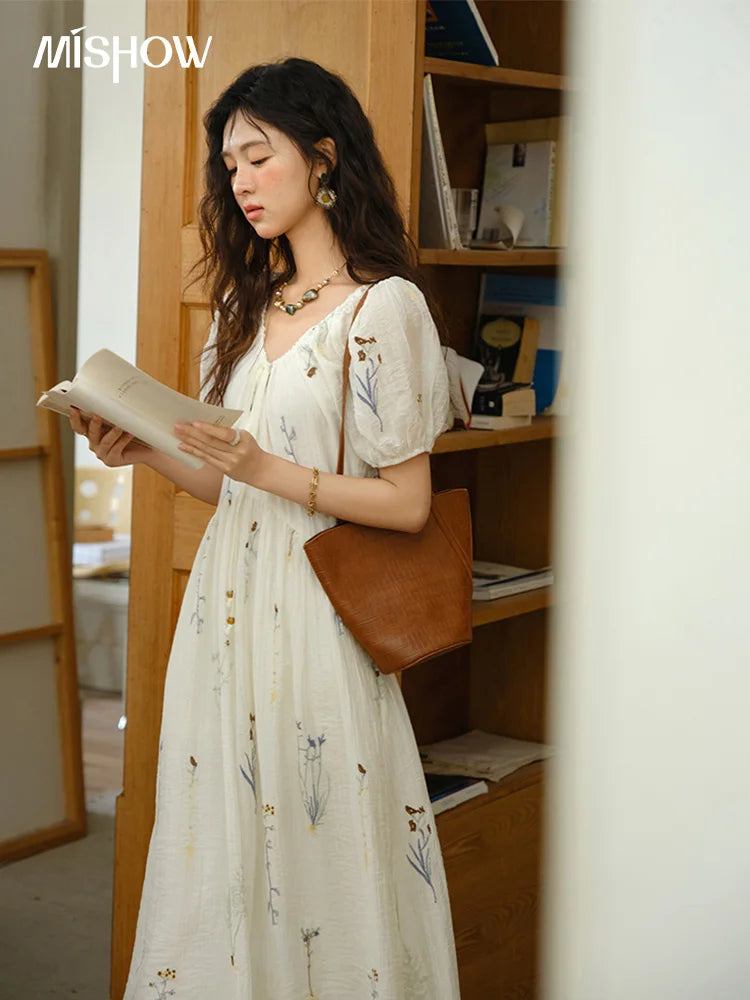 MISHOW Ladies Fashion V-neck Lace Up Dress 2025 Summer Slim Short Sleeve Embroidery Vacation Dresses Female Clothing MXE34L2284