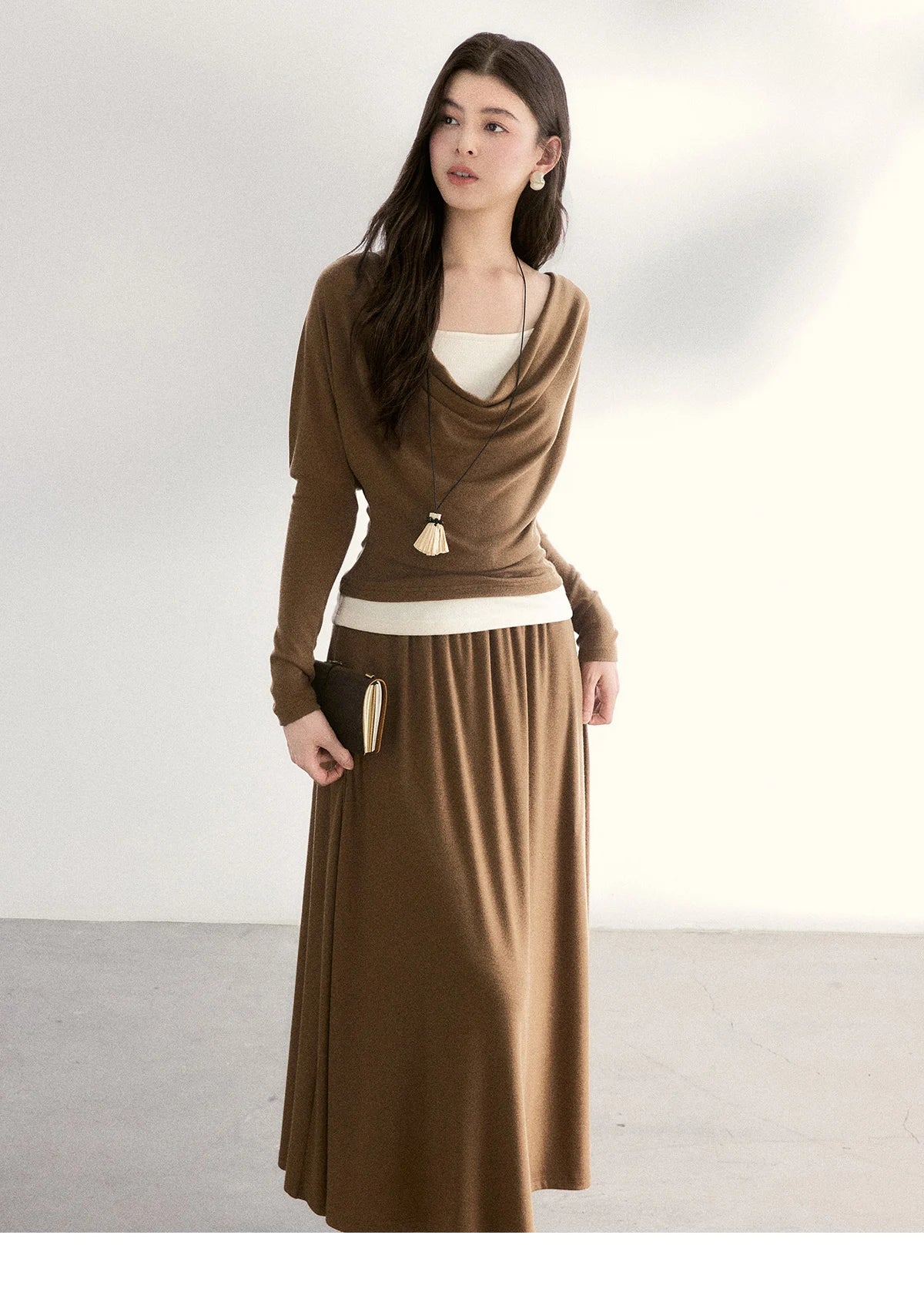 MISHOW Women's Draped Neck Tops with Camisole Two Piece Set 2026 Spring Long Sleeve Slim Casual Soft Brown Tops MXF11T1458