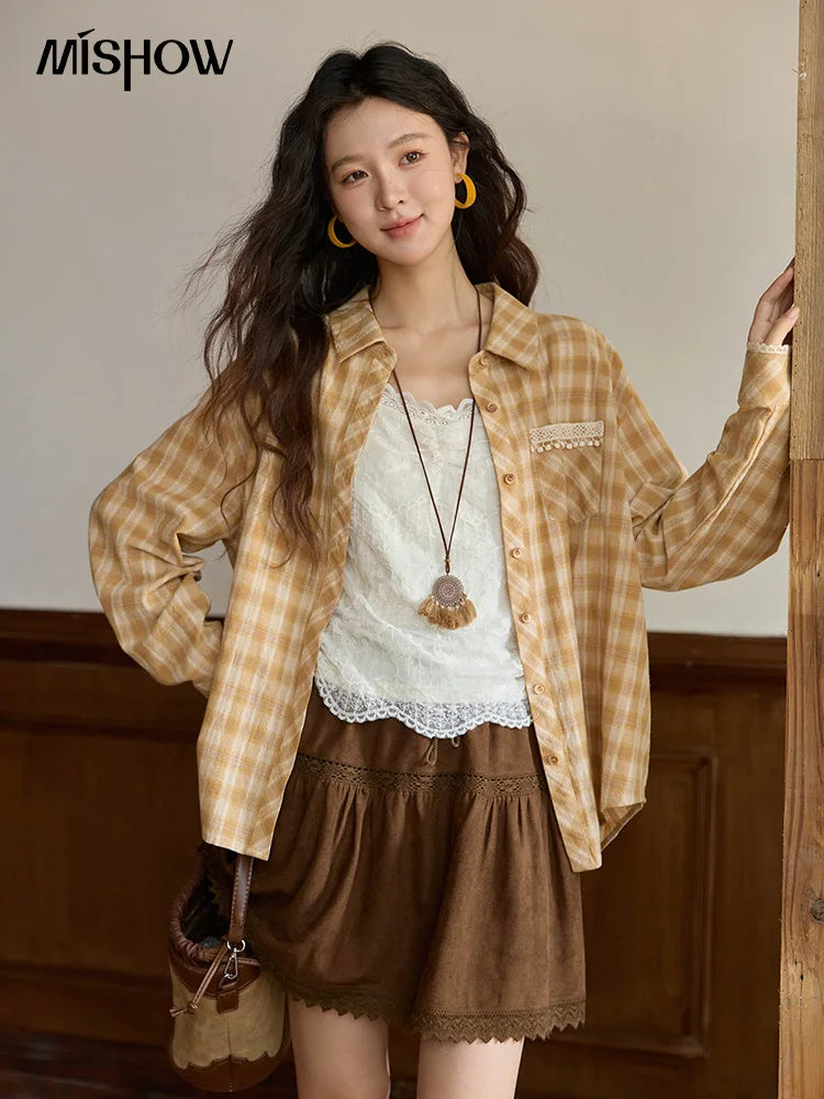 MISHOW Women's Retro Plaid Long Sleeved Shirt 2025 Autumn Korean Loose Casual Plaid Top with Lace Pocket Lapel Shirts MXE43C2378