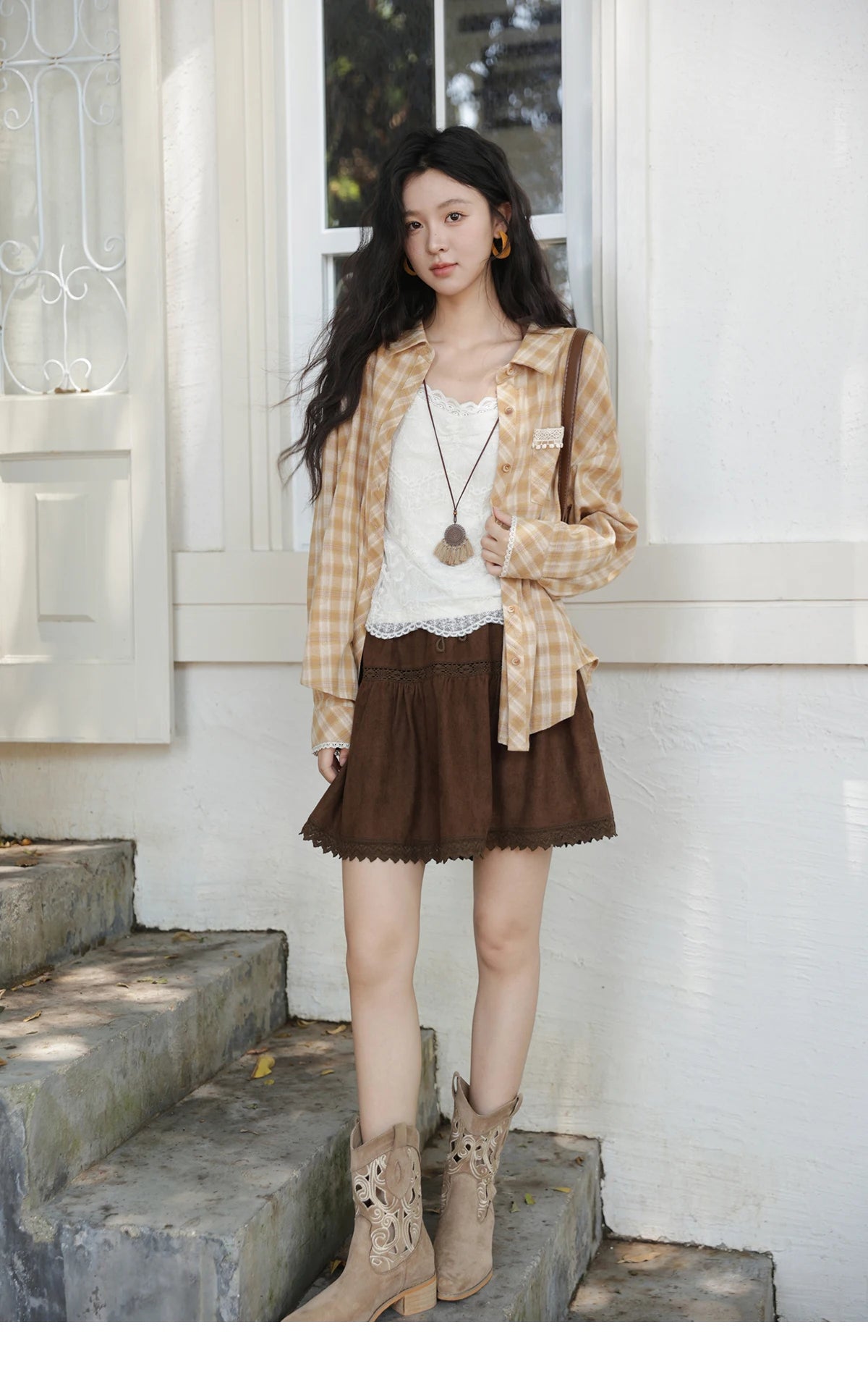 MISHOW Women's Retro Plaid Long Sleeved Shirt 2025 Autumn Korean Loose Casual Plaid Top with Lace Pocket Lapel Shirts MXE43C2378