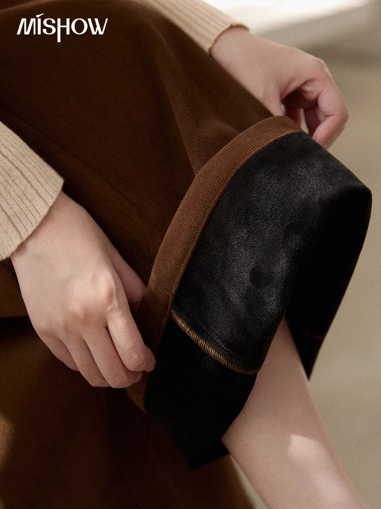 MISHOW Corduroy Straight Leg Pants for Women 2025 Winter Silver Fox Velvet Commuter Trousers Solid Casual Warm Pants MXE91K1125